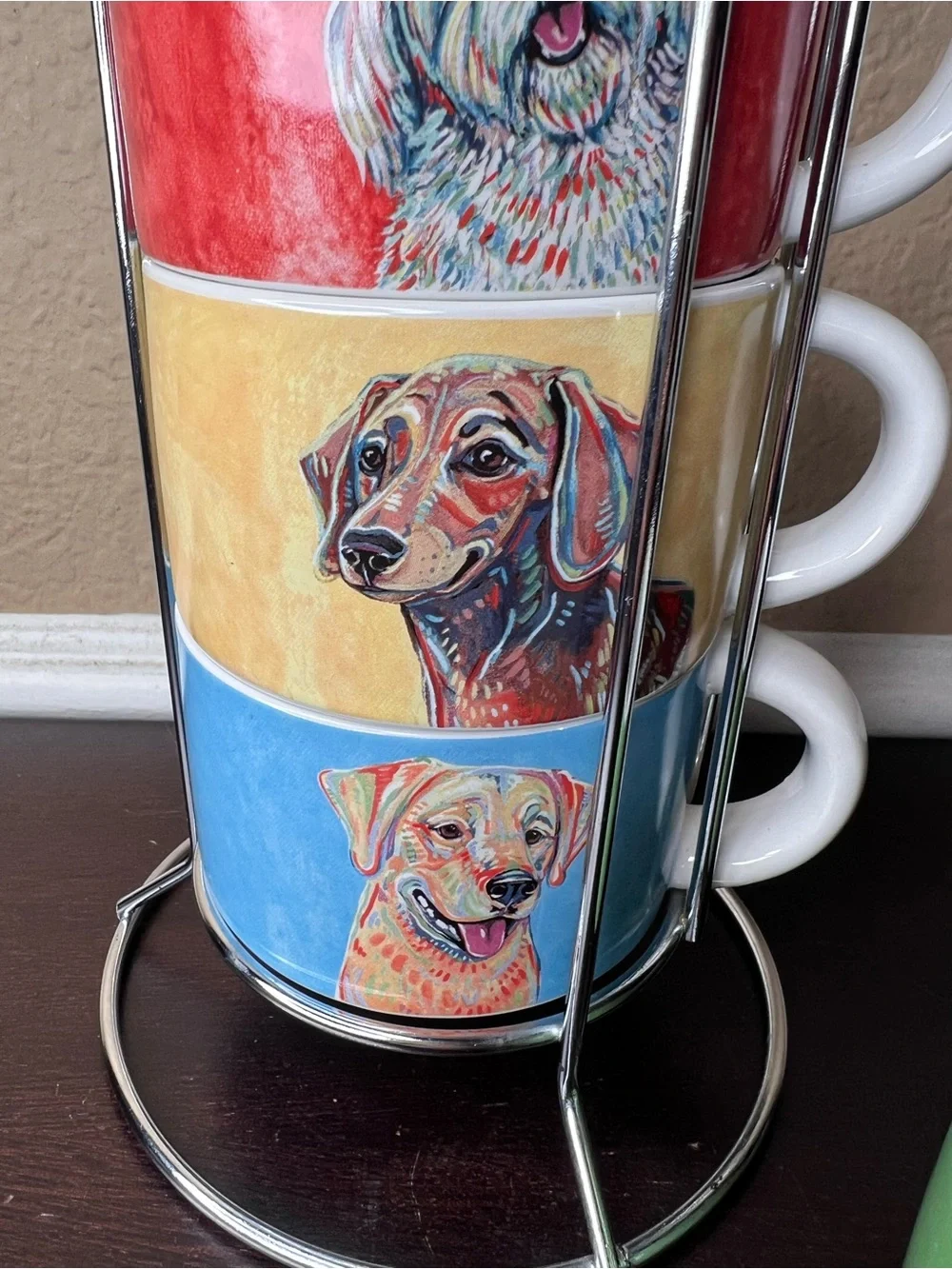 Vintage 2000s Pier 1 Dog Mug Set w Stand 4 Stoneware Cups